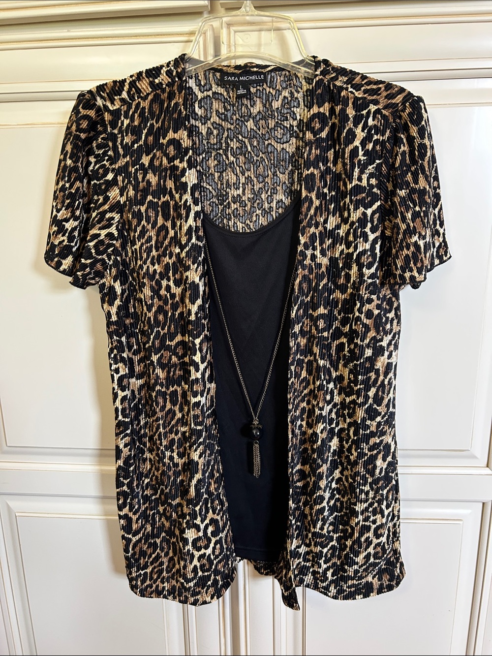 Sara Michelle Leopard Print Open Cardigan with Black Layer